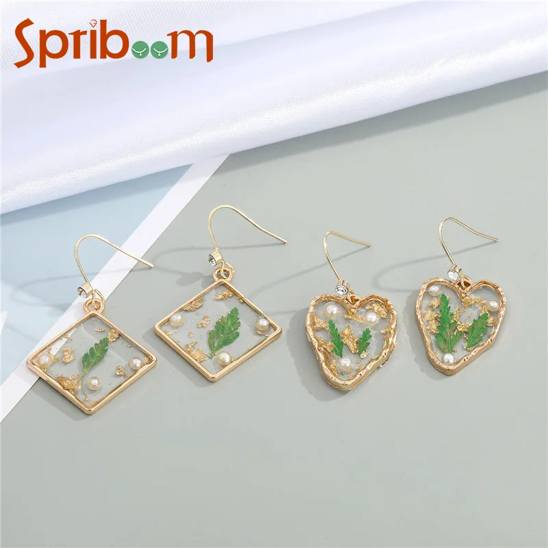 

2023 New Dried Flower Earrings for Women Geometric Love Heart Dangle Earring Imitation Pearl Resin Jewelry Aesthetic Female Gift