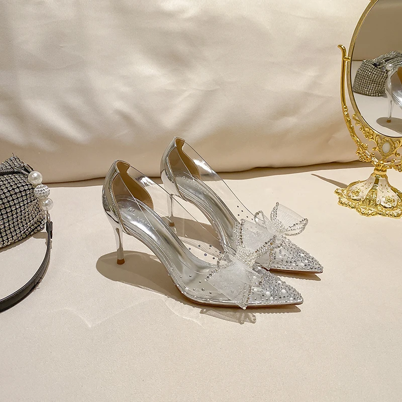 2023 New Summer Women's High Heels Rhinestone Bowknot Pointed Toe Small Fragrance Crystal Stiletto French Transparent Shoes
