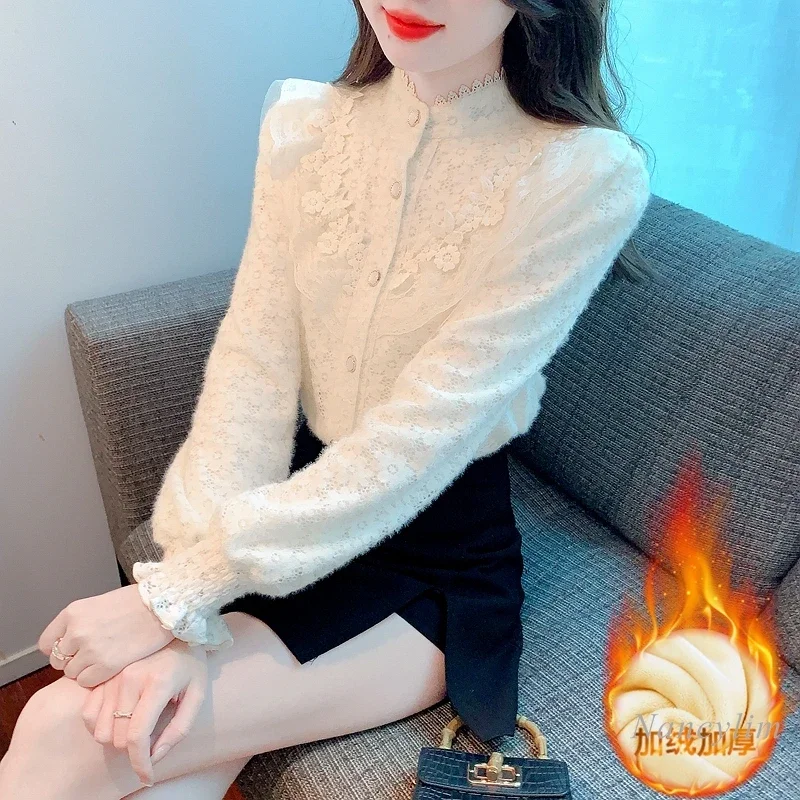 

Lace Inner Match Bottoming Shirt Autumn and Winter 2023 New Fleece-lined Thickened Warm Lace Shirts Beautiful Apricot Blouses