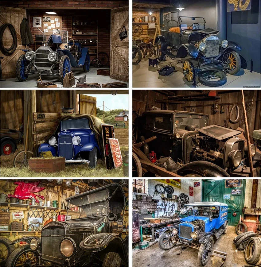 

Vintage Car Fix Tools Garage Photography Backdrop for Grunge Grimy Garage Wooden Door Background Fashion Portrait Photoshoot
