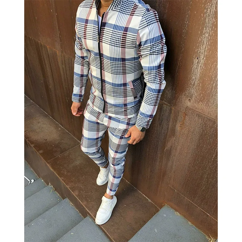 

Men's Sets Flower Plaid Men's Jacket+trousers men Sports Tracksuit High Quality 3D Printing Zipper Two-Piece Set men Tracksuit
