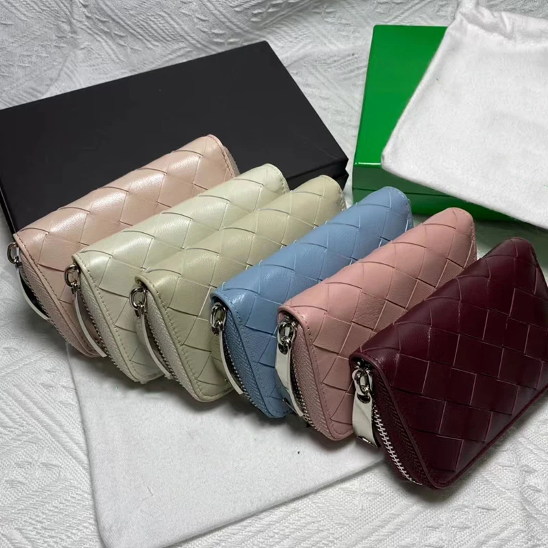 

Leather Sheepskin Coin Wallet Unisex Fashion Mini Credit Card Clip Zipper Zero Wallet Luxury Brand Medium Plaid Weave