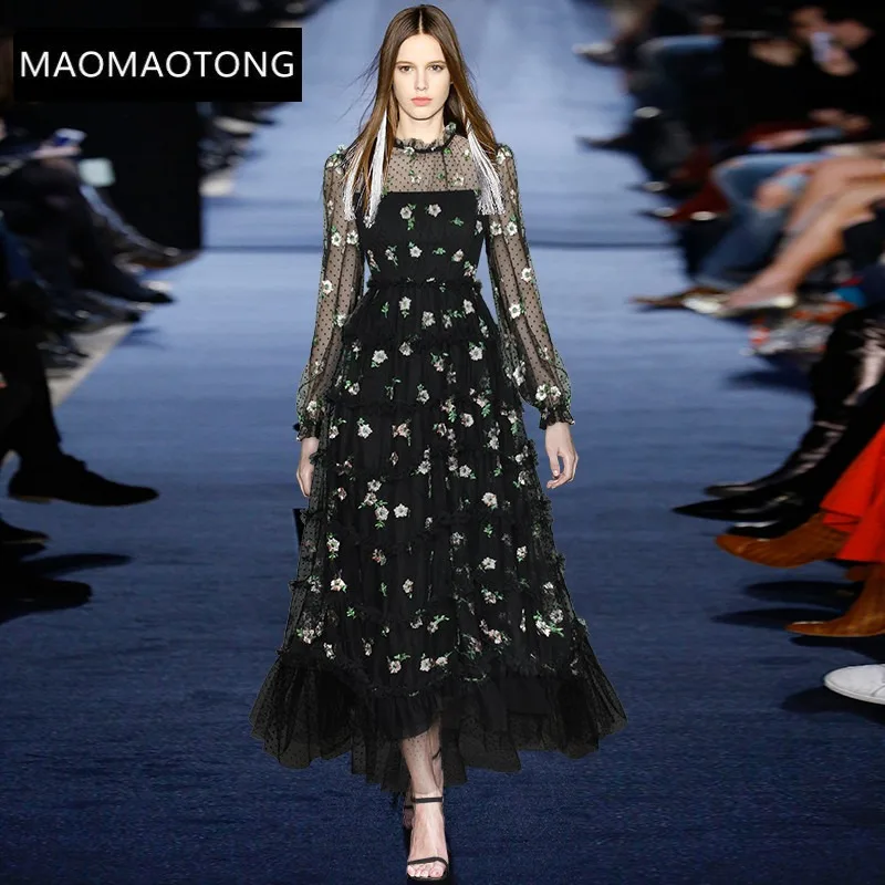 

Fashion Designer dress Spring Women's Dress See-through Long sleeves Mesh Embroidery Party Elegant Dresses