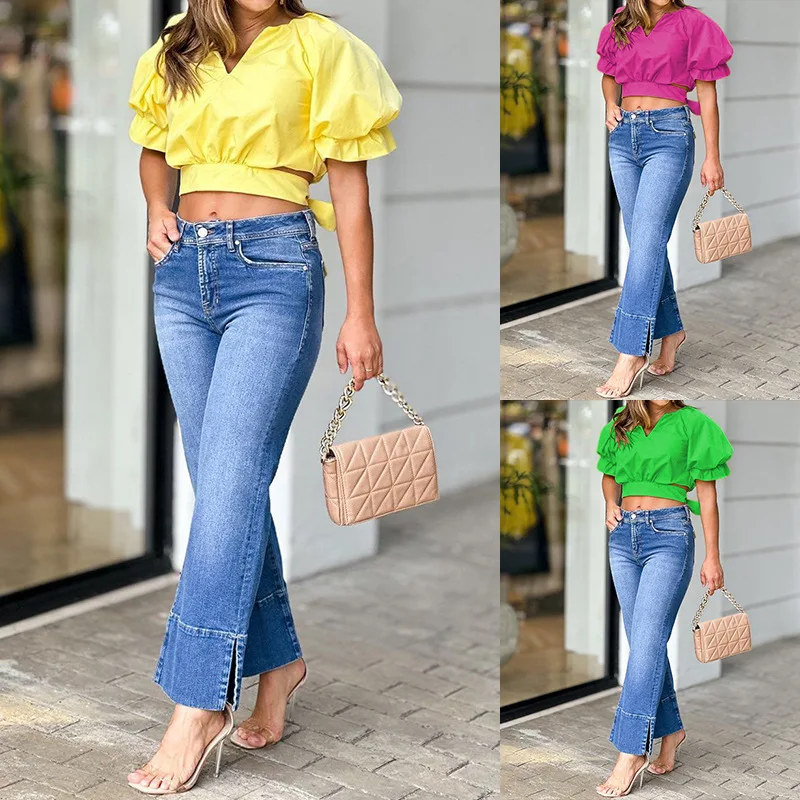 

2023 Spring New Women's Wear Hundred Short Tops, Fashion Loose Back Bow V-neck Waist Shirt Casual T-shirt Women