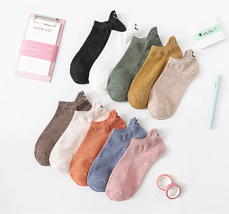 5/10Pairs Spring Summer Female Socks Japanese Lovely Personality Heel Embroidered Smiling Face Lovers Solid Cotton Ankle Socks