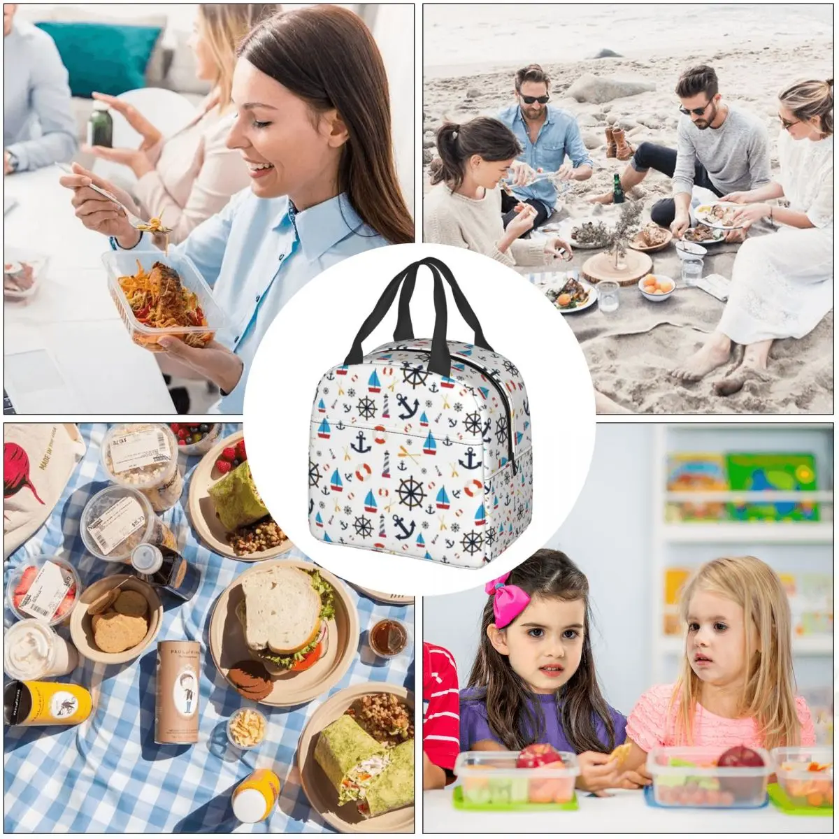 Summer Vacation Lunch Bag with Handle Sailing Coastal Nautical Food Cooler Bag Wholesale Elegant Clutch Travel Thermal Bag images - 6