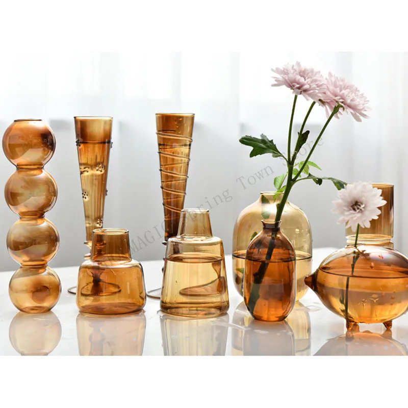 

Nordic INS Amber Glass Vase Creative Aromatherapy Bottles Tabletop Decor Retro Hydroponic Plant Flower Arrangement Home Decort