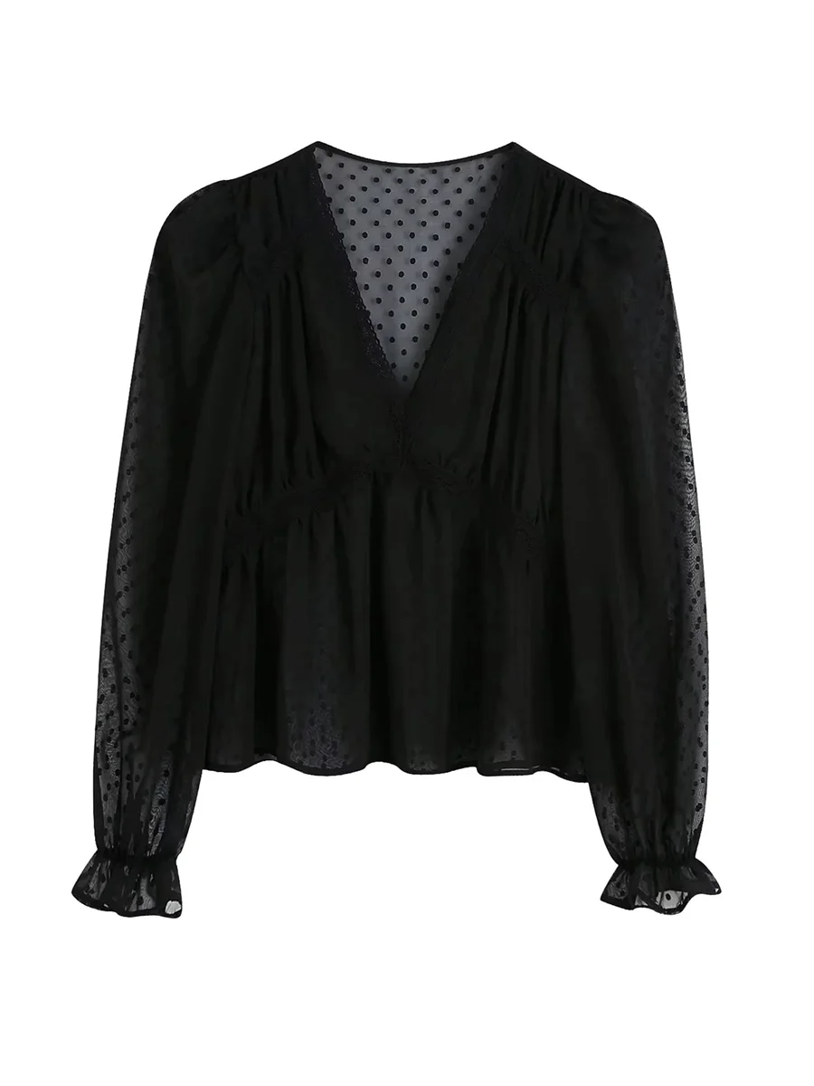 

Women Fashion Black Lace Cropped Pleated Blouses 2022 Summer New Full Sleeves Patchwork Shirring Casual Female Tops