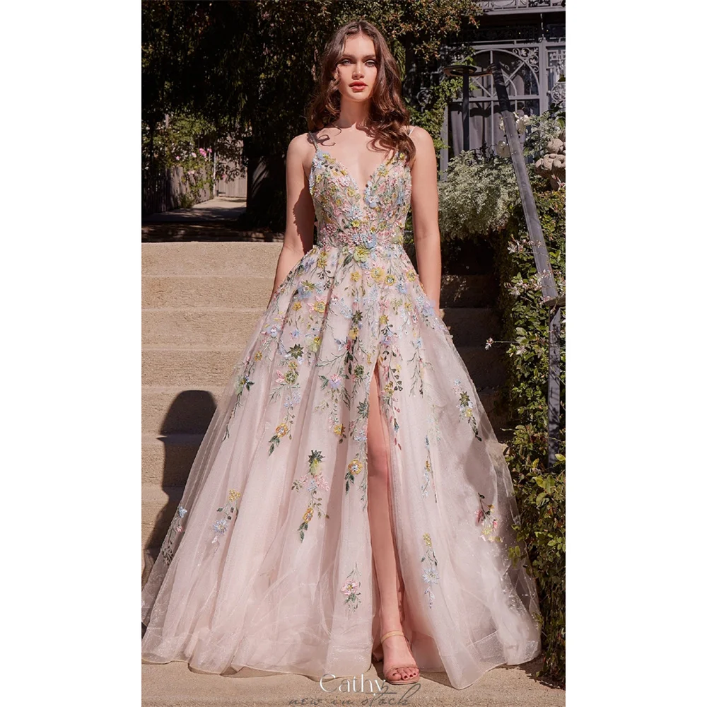 Cathy V-образным вырезом Изысканное платье для выпускного вечера с цветами на