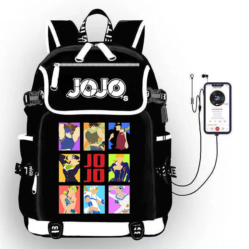 

Japan Anime JoJo’s Bizarre Adventure USB Port Backpack Kujo Jotaro Travel Backpack USB Charging With Headphones Hole Student Bag
