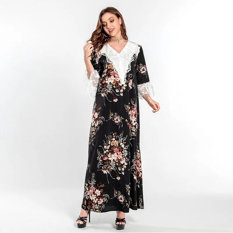 Casual Traditional Festival Muslim Round Neck Lace Print Loose Long Temperament Dress Abayas For Woman Robe Femme Musulmane