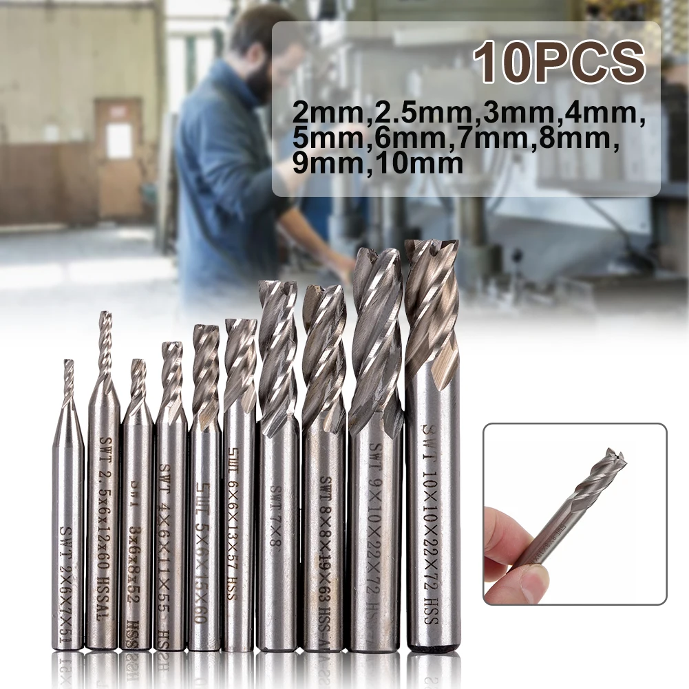 10 PCS/Set  CNC Milling Drill Bit 2-10 MM HSS 4 Flute Super Tough Straight Shank Milling Cutter Router Bit