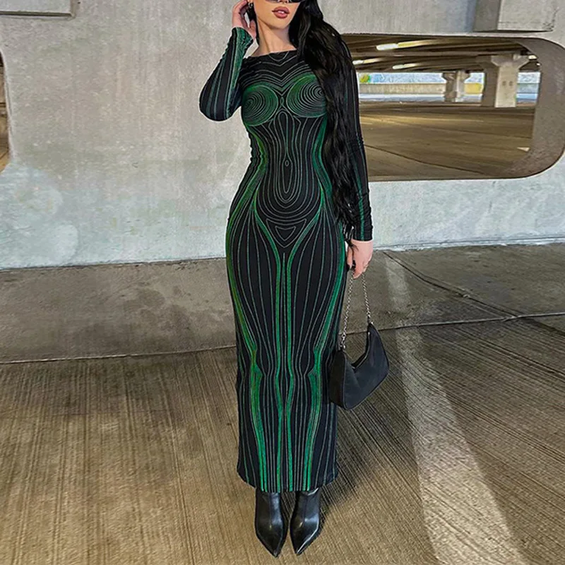 

Женское облегающее платье-футляр Wepbel средней длины с круглым вырезом, длинным рукавом и принтом, обтягивающее платье-футляр, облегающее платье для клувечерние