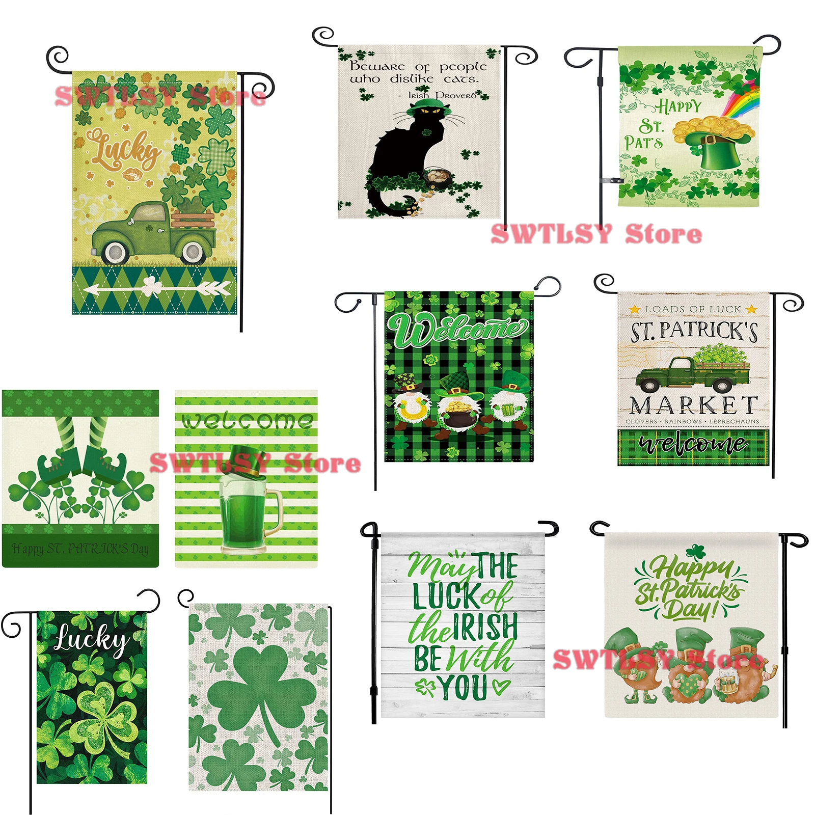 

Happy St Patrick's Day Garden Flag Buffalo Plaid Truck with Shamrock Balloons Small St. Patricks Day Yard Flag for Decoration