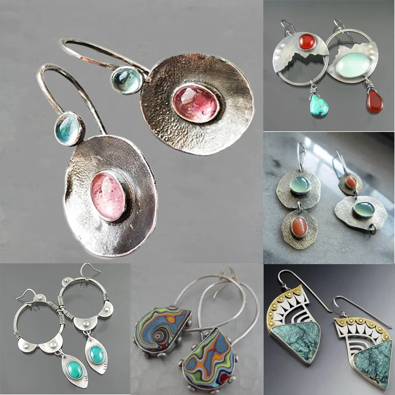 

Geometric Round Antique Silver Color Long Dangle Earrings for Women Vintage Colorful Stone Inlaid Hoop Earrings Boho Jewelry