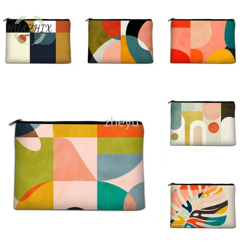 

Geometric Cosmetic Bags Stitching Pattern Printing Reusable Make-up Bag Lipsticks Organizer Portable Toiletry Cases Small Purse