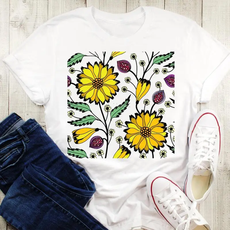 

Women Flower Print Short Sleeve Fashion T Shirt Cartoon Ladies Floral Elegant Wear Casual Graphic Tees Tops Clothing T-Shirt