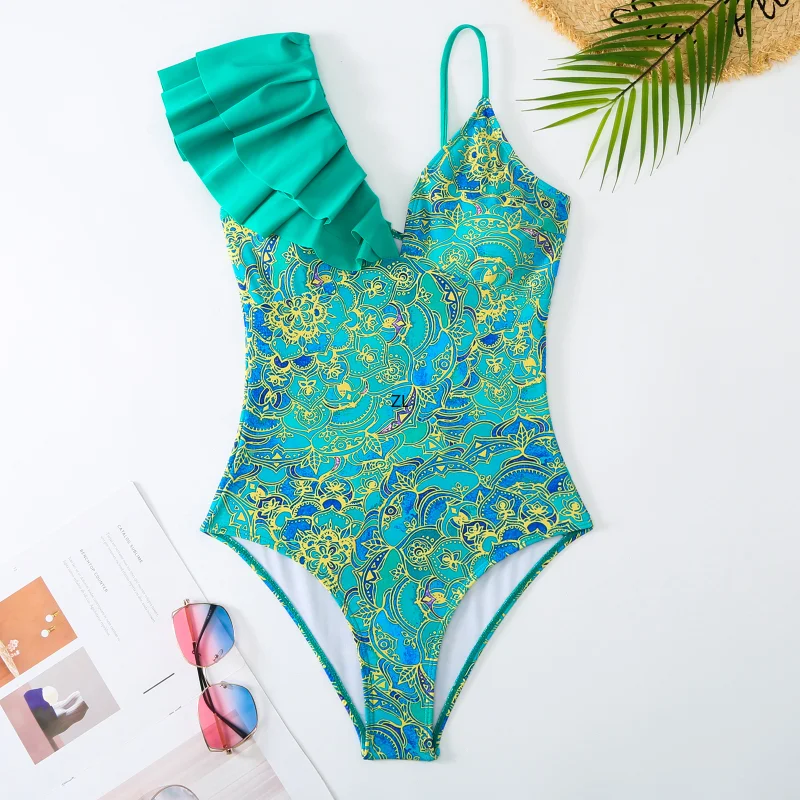 Floral Print Vintage Swimsuit 2023 New Women Ruffle One Shoulder Swimwear Brazilian Holiday Designer Bathing Suit Beach Cover Up