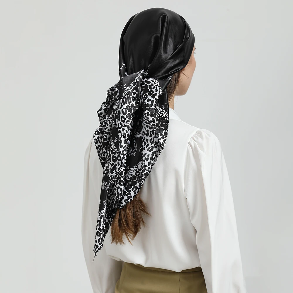 Black Leopard Silk Head Scarf Women Fashion Spring/Summer Hair Scarves 90*90cm Square Bandana Cheveux Foulard Femme Hijab images - 6