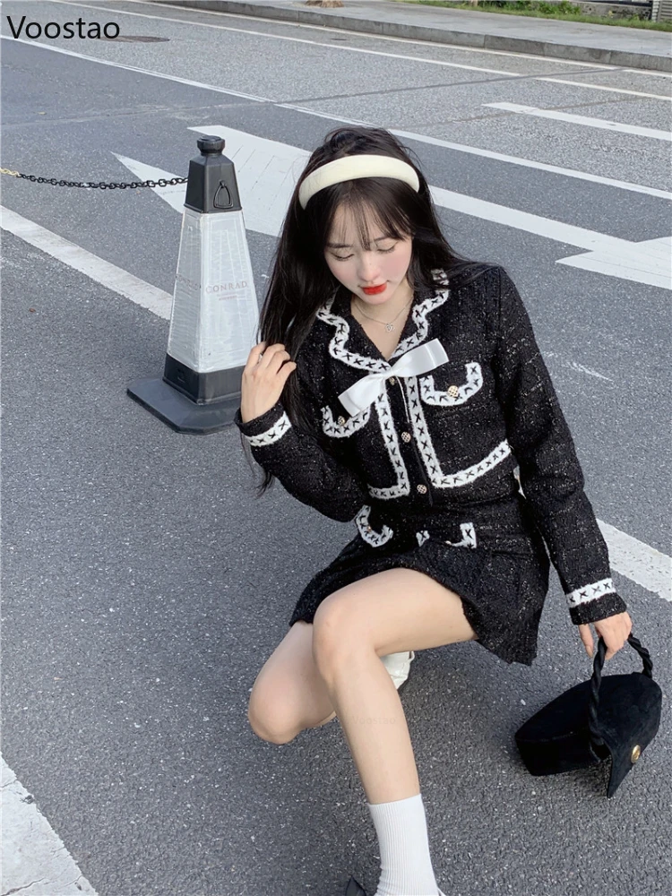 Spring Autumn Gothic Skirt Sets Women Black Y2k Crop Blazer Jacket Tops Mini Pleated Skirts Suit Korean Female Chic 2 Pieces Set images - 6