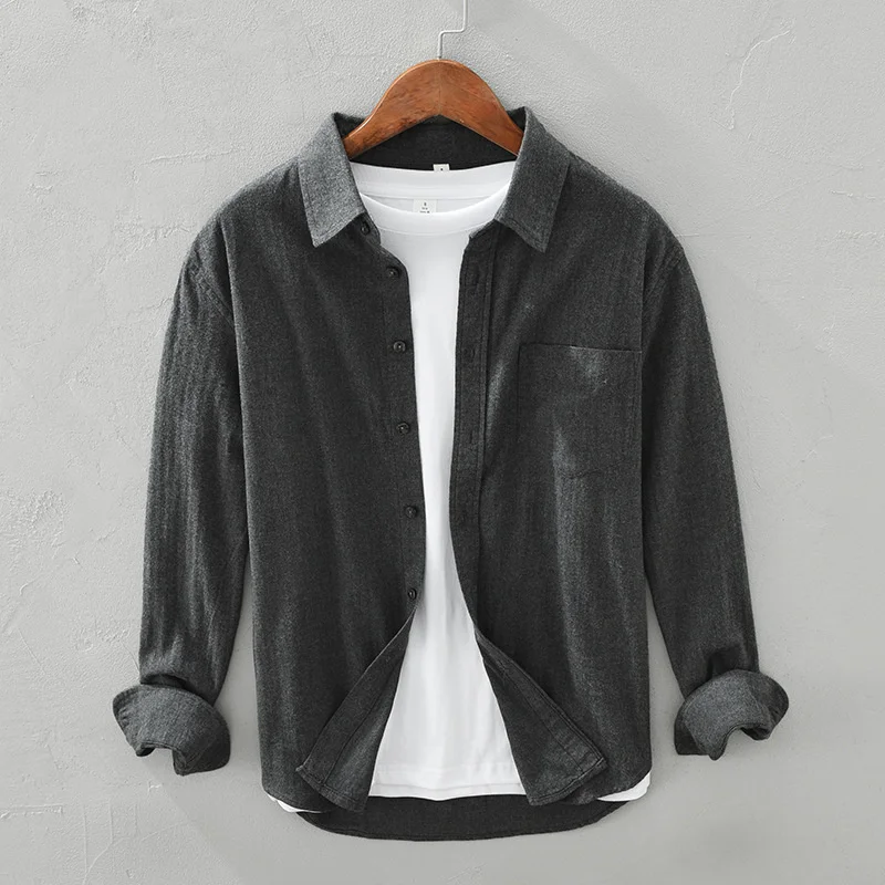 

2022 Autumn Winter New Men Long-sleeved Shirt Trend Casual Loose Lapel Tide Brand Solid Color Fashion Pocket Gray Workwear 1302