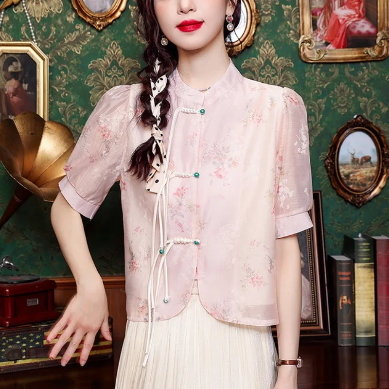 New Chinese Floral Shirts Women Summer 2024 National Sle Buckle Retro Loose Slimming Temperament Short Top