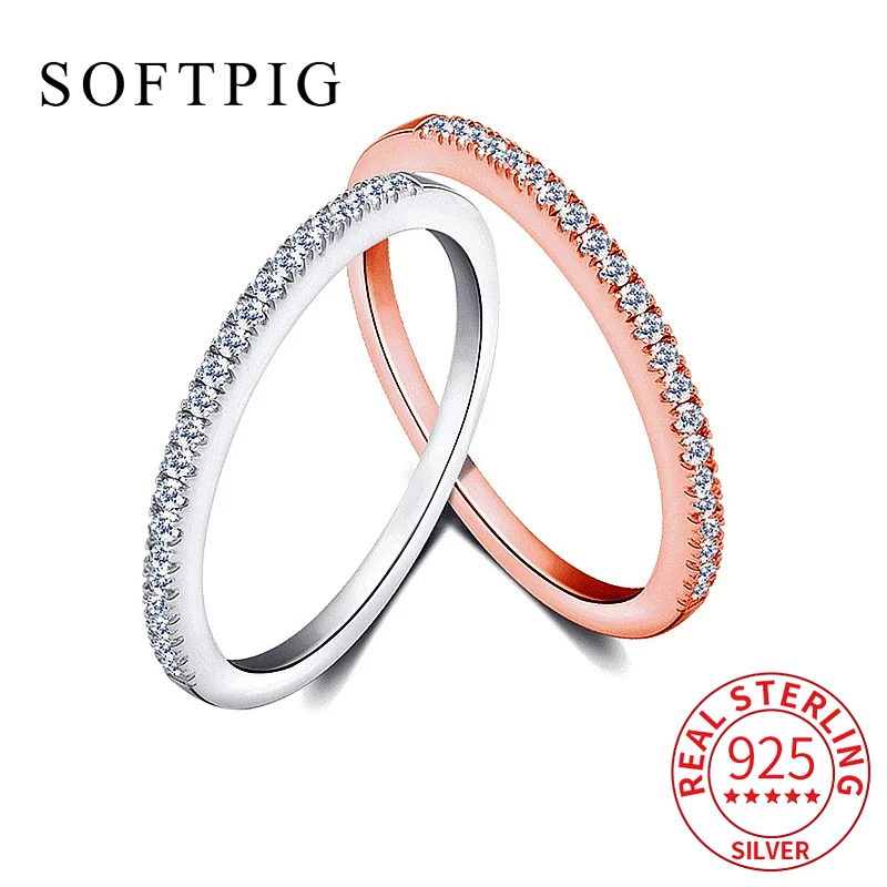 

SOFTPIG Real 925 Sterling Silver Zircon Round Minimalist Ring For Charming Men and Women Classic Fine Jewelry Bijoux In Summer