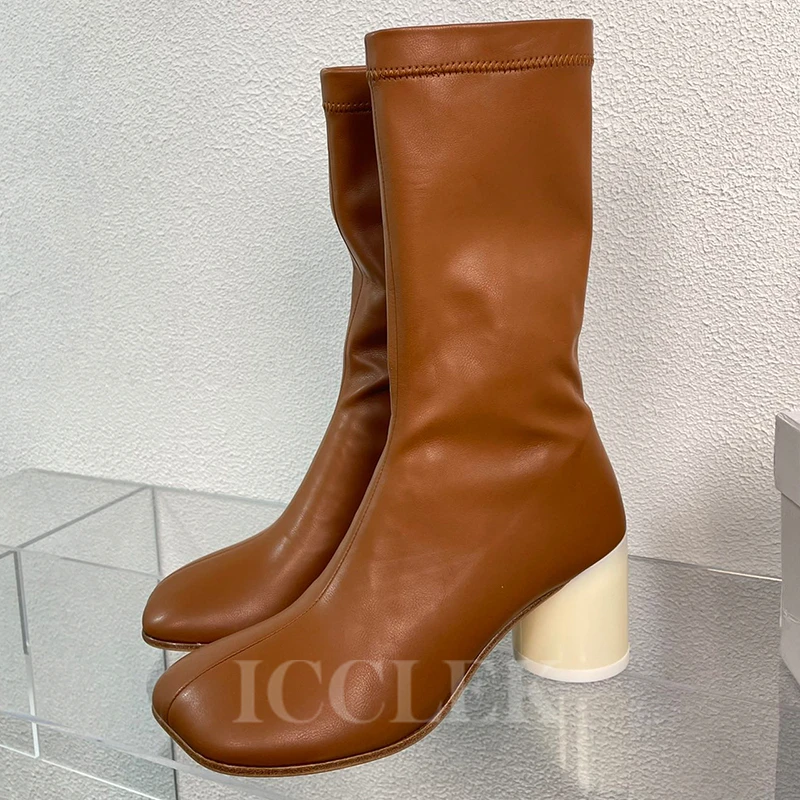 

Женские короткие ботинки, Новинка осени 2023, дизайнерская облегающая тонкая женская обувь с круглым каблуком из натуральной кожи