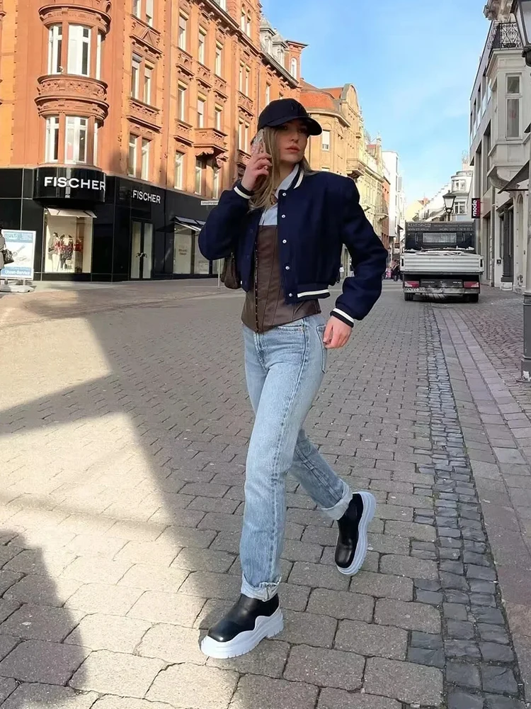 

Женская укороченная бейсбольная куртка SLMD za, темно-синяя Повседневная Уличная куртка на пуговицах с воротником-стойкой, весна 2023