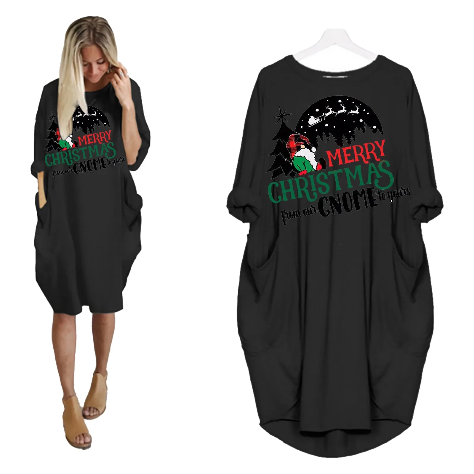 

Женское рождественское платье с длинным рукавом, круглым вырезом и карманами