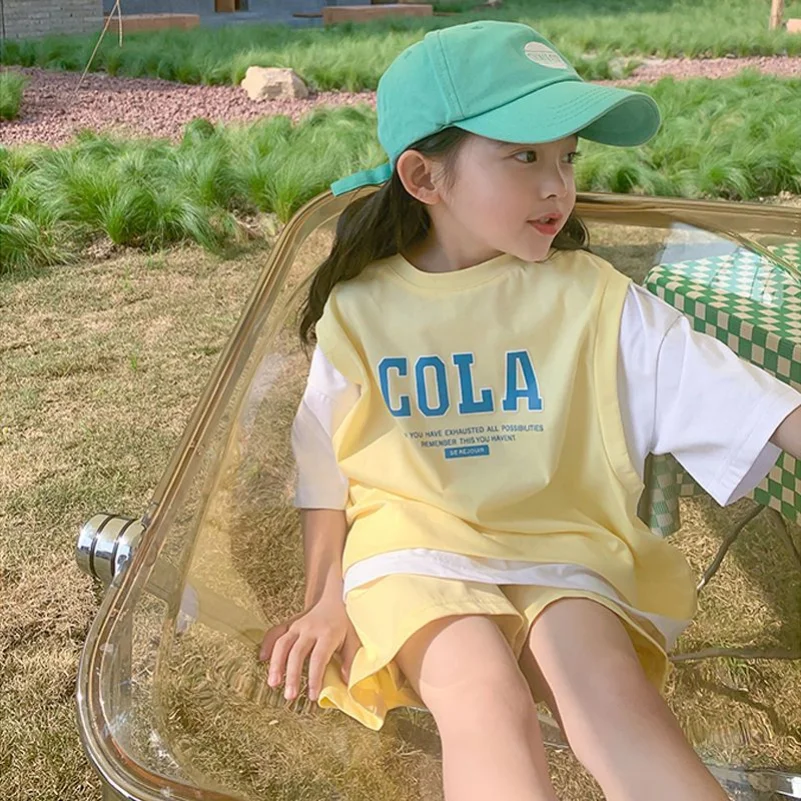 

2023 Summer Casual T-shirt Suits Korean Style Baby Youth Teenage Girls Short Sleeve Contrast Color 2Pcs Clothes Sets