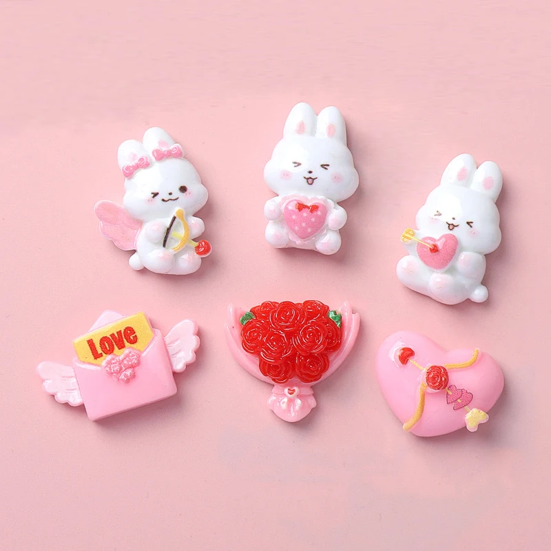 10 шт., новый милый букет с изображением кролика на День святого Валентина, серия с плоской задней частью, смола для скрапбукинга, сделай сам, ювелирные изделия, шпилька, ремесленное украшение A129