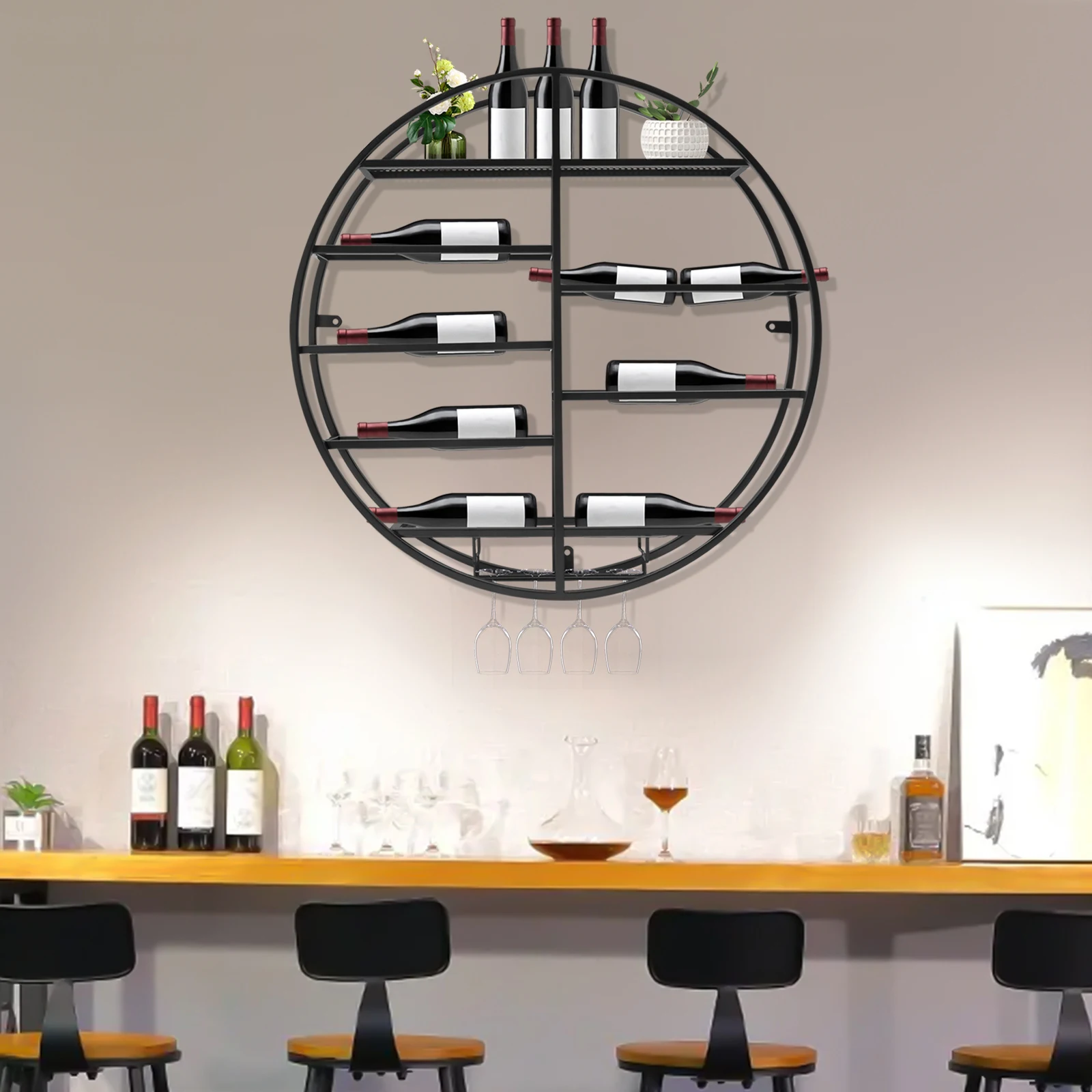 

Wall Mounted Wine Rack Round Wine Glass Goblet Holder Metal Hanging Wine Rack for Bar Wine Cellar Kitchen Storage Display