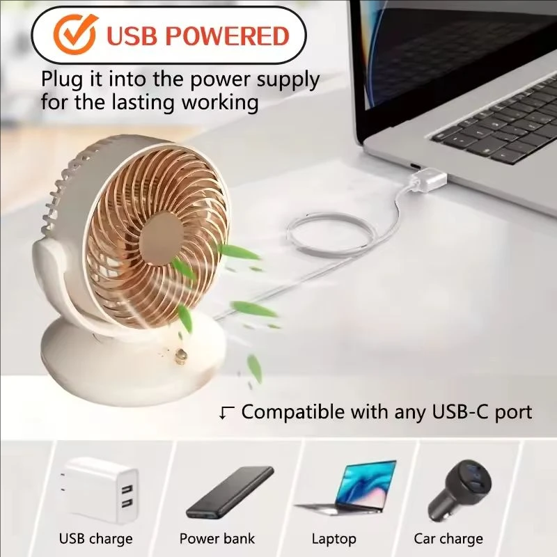 Фото Настольный вентилятор USB 2026, 6 дюймов, 3 скорости, 140 об/мин °   Ручной механизм наклона и 120-градусный поворот °   Автоматическая осцилляция для дома, офиса, спальни №2