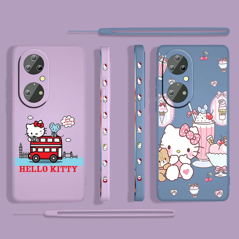 

Anime Hello Kitty Cute For Huawei P50 P40 P30 P20 P Smart Z Pro Plus 2019 2021 Liquid Left Rope Phone Case Coque Cover Shell