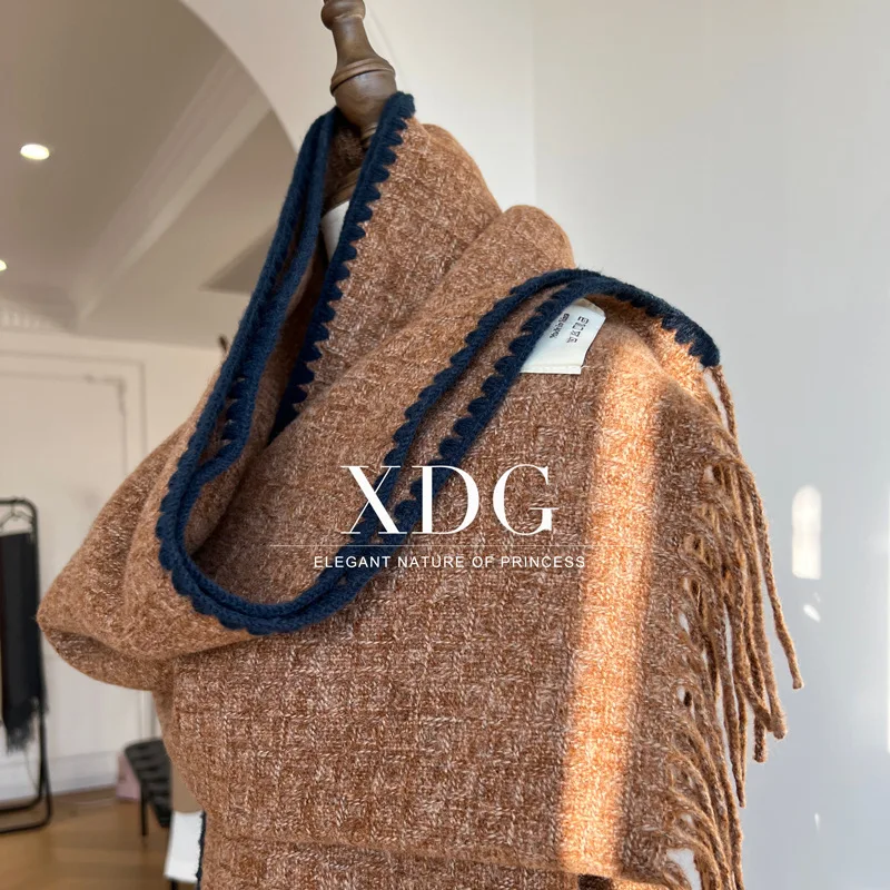 

Korean Fashion Knitted Color Contrast Wool Knitted Scarf Travel Large Size Solid Color Shawl Stole Faux Cashmere Bandana