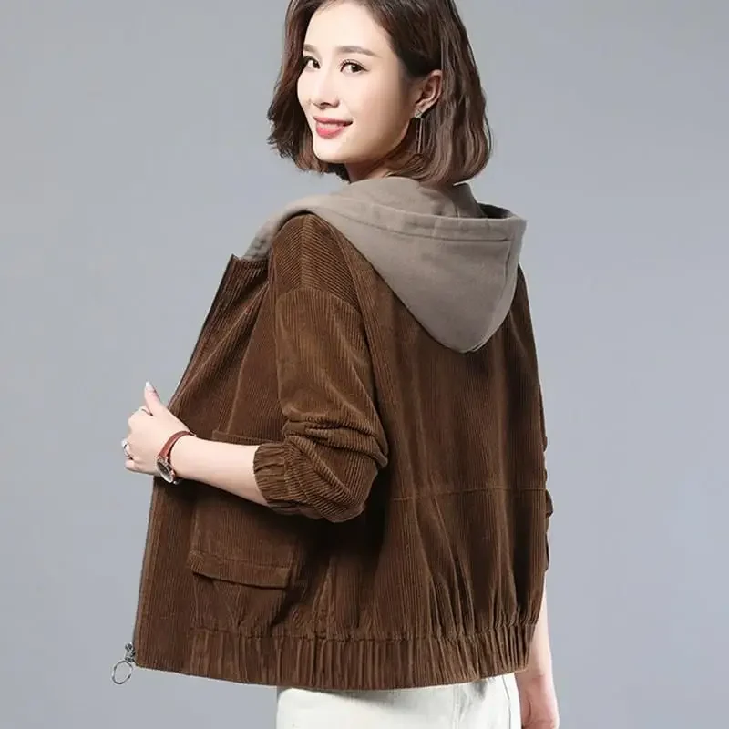 

Corduroy patchwork hooded short jacket for women loose autumn and winter long sleeved jacket for women's cardigan