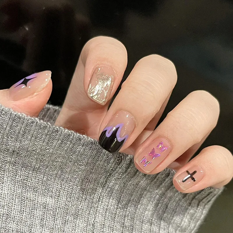 

2022 New 24Pcs/Box Purple Fake Nails Press On Nails Short Square French Tips Nail Set Press On Nail With Glue Sticker Nail Art