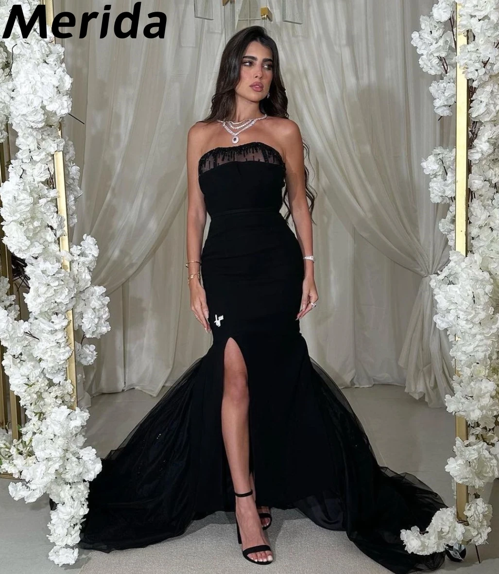 

Saudi Arabia New Design Prom Dresses 2023 Black Strapless Beads Mermaid Floor-Length Women's Evening Dresses Formal Party Dress