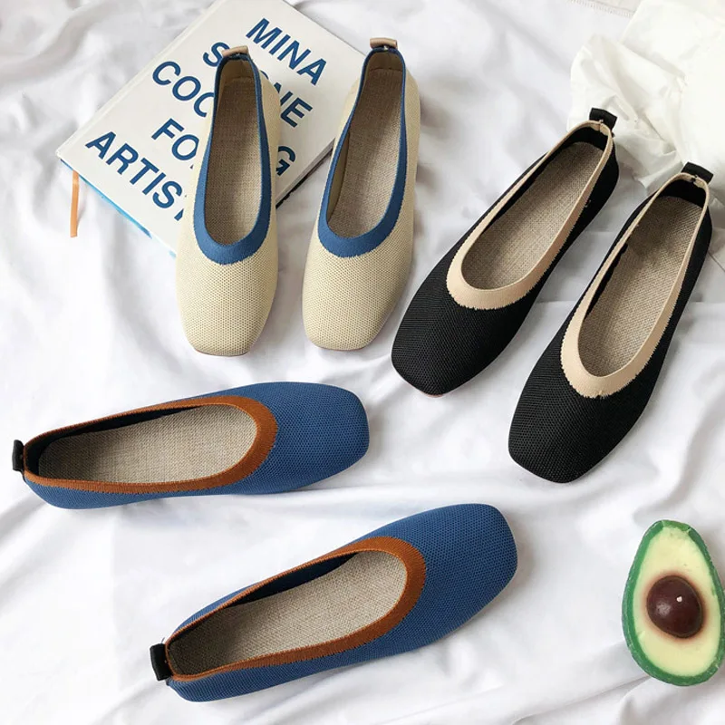 Knitted Casual Shoes Women Comfortable Round Toe Flats Moccasin Woman Slip-on Maternity Loafers Soft Ballet Shoes Mujer Pisos