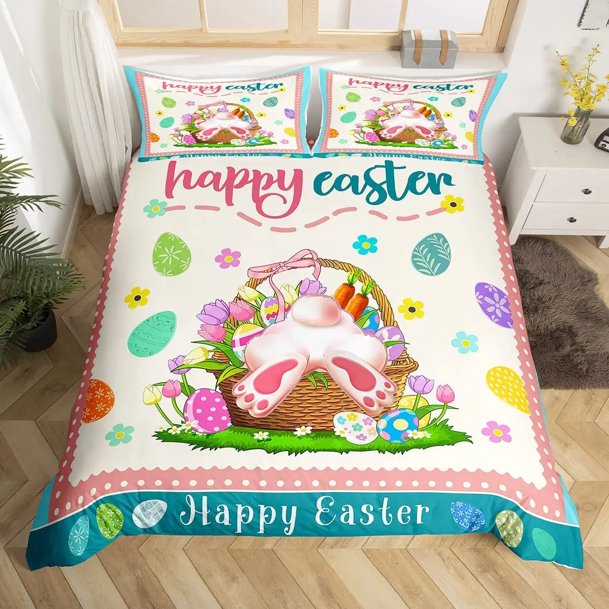 

Easter Rabbit Tail Comforter Cover Pastel Pink Tulip Flowers Duvet Cover Twin Easter Eggs Kawaii Animal Bedding Set Easter Decor