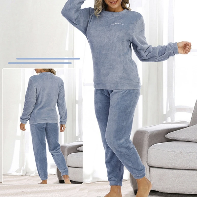 

Флисовый пуловер для дома, простая фланелевая зимняя повседневная одежда кораллового цвета с круглым вырезом, комплект из 2 предметов, женс...