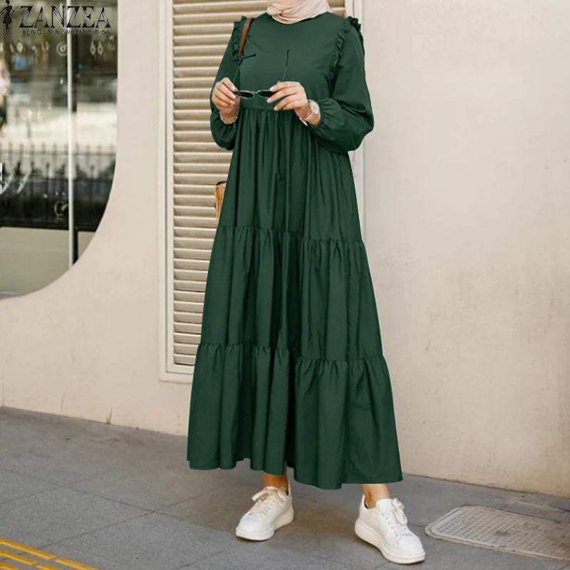 ZANZEA женское повседневное однотонное мусульманское платье-Кафтан с пышными рукавами длинное платье Дубай абайя исламское платье макси модн...