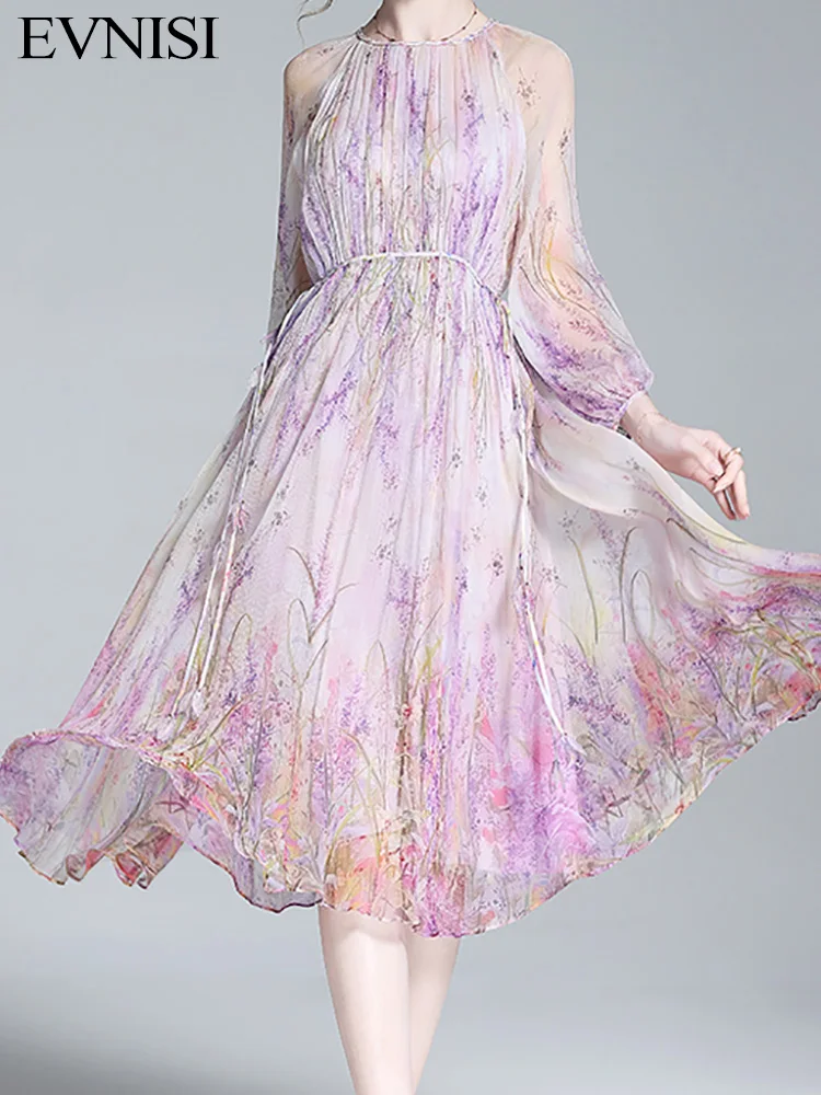 

Шикарное женское фиолетовое шифоновое платье EVNISI с круглым вырезом, свободные элегантные офисные платья со складками и принтом, женское св...