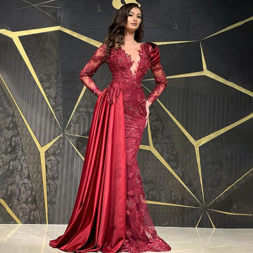 

Arabic Aso Ebi Evening Dresses Long Sleeves Lace Mermaid Draped Train Red Prom Gowns Women Formal Wedding Guest Party Robe Gala