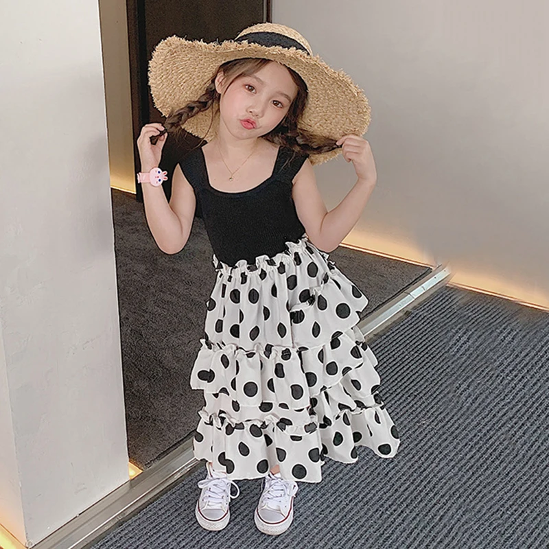 

Girls Summer Polka Dots Suit Kids Black Vest with Layered Long Skirt Two Piece Children Fashion Casual Clothes Sets 3-8Y Ropa