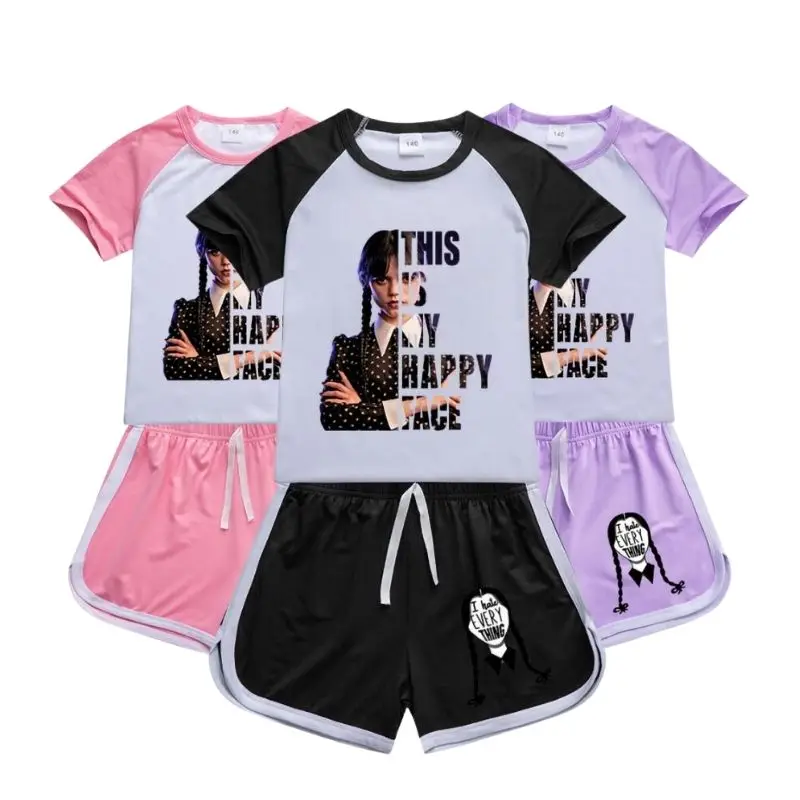 

Летняя одежда для девочек, детские костюмы с принтом с коротким рукавом и принтом для сред, Детская футболка + штаны, наряды