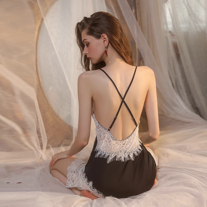 Sexy Mousse Spring Summer Sexy Pajamas Lace Perspective Temptation Sweet French Private Sling Nightdress Women's Home Clothes