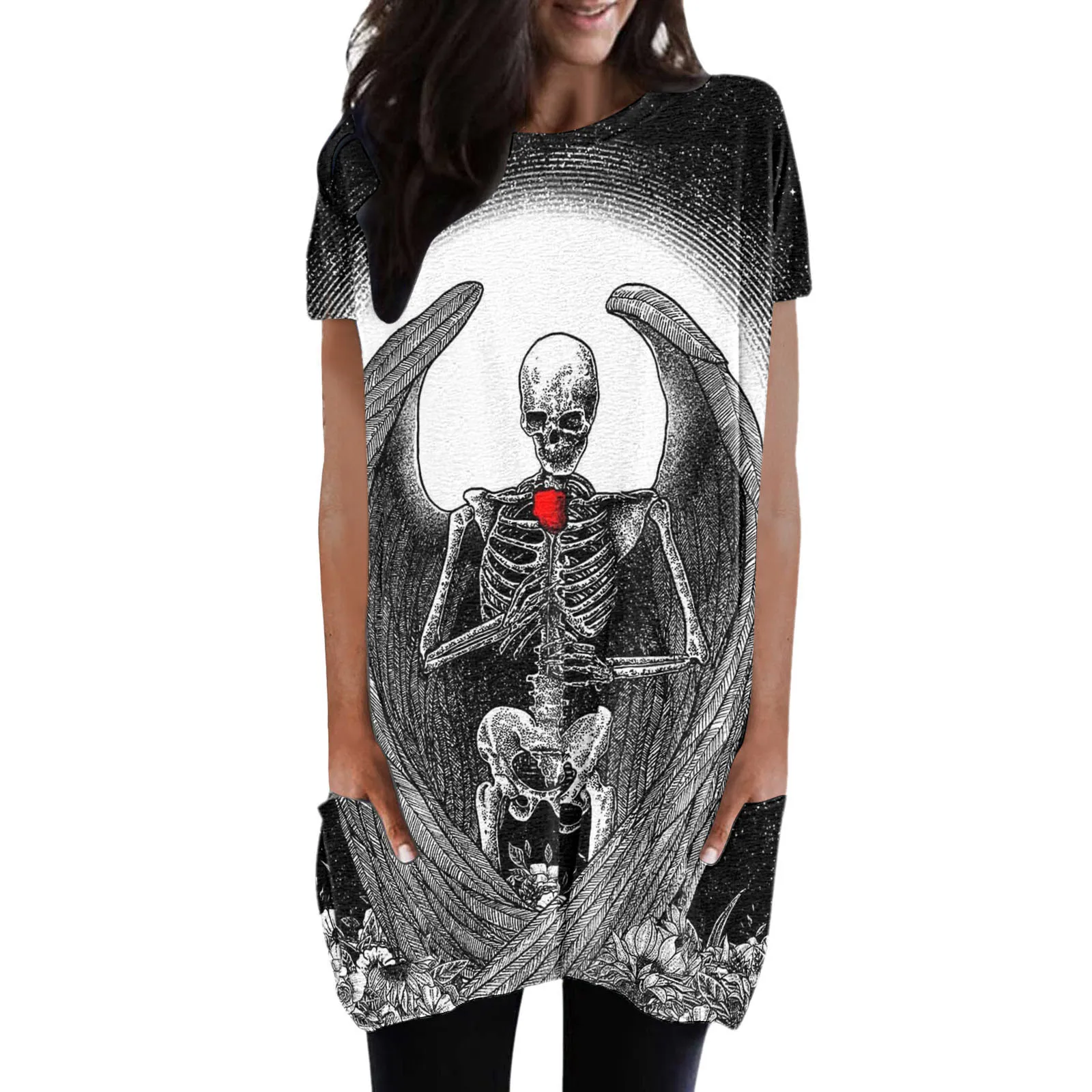 

Summer Short Sleeve Tops Women With Pockets Rose Skull Printed Tee Blouse For Women Casual Loose Pullover Crewneck T-Shirts