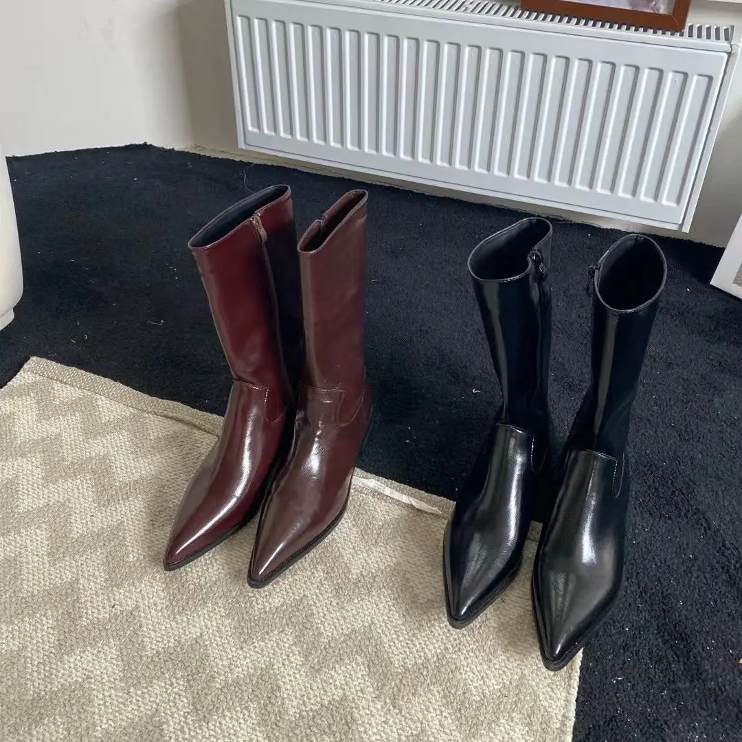 

Black Brown Women Mid Calf Boots Pointed Toe Fashion Chelsea Boots Flat Heeled Winter Party Pumps Dress Shoes Woman 35-39